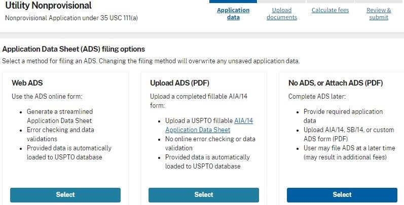 The Application Data Sheet filing options screen showing Web ADS, Upload ADS (PDF) and No ADS.