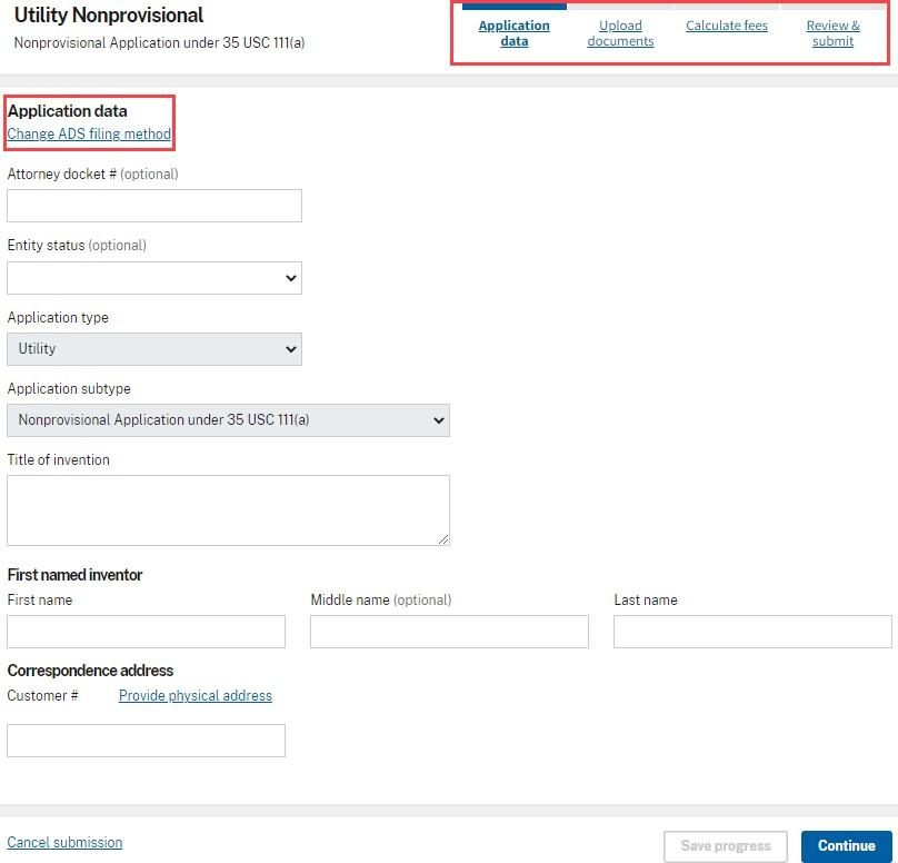 The Application data form with fields for attorney docket number, entity status, application type, title of invention, first named inventor and correspondence address.