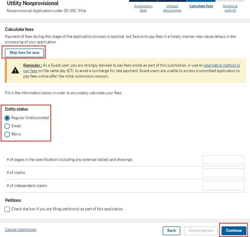 The Calculate fees screen with entity status choices of Regular Undiscounted, Small and Micro, and fields for pages and claim counts.