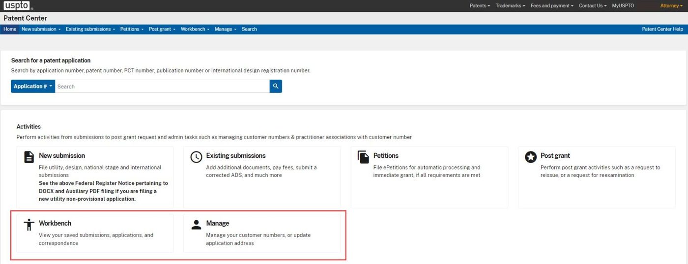 The Patent Center home page for a signed-in user, with New submission, Existing submissions, Petitions and Post-grant options.