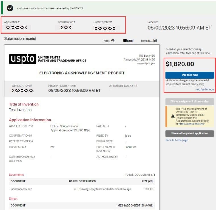 An Electronic Acknowledgement Receipt showing application number, confirmation number, receipt date and a Pay fees now button.