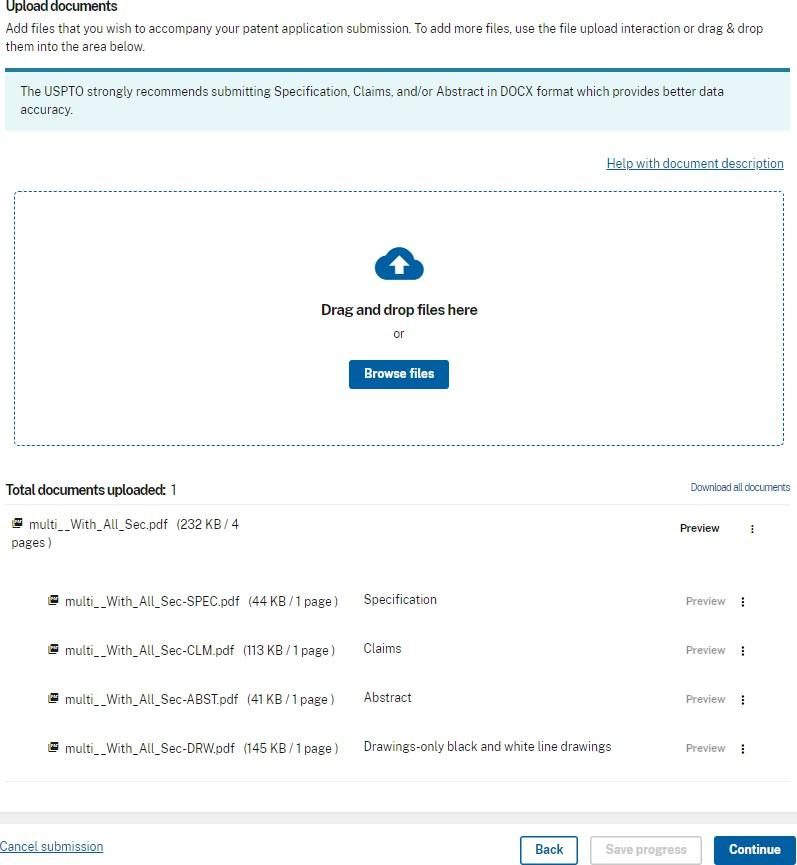The Upload documents screen with a drag-and-drop area and four uploaded files labeled Specification, Claims, Abstract and Drawings.